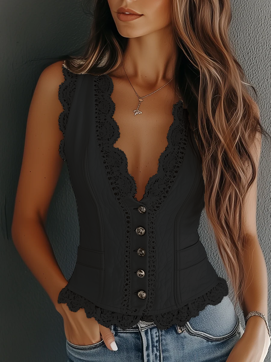 Retro Faux Leather Lace Vest