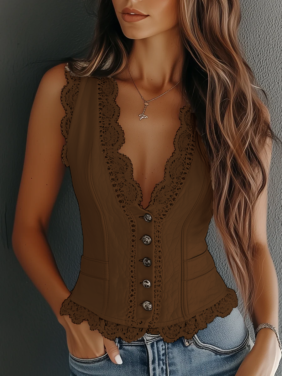 Retro Faux Leather Lace Vest