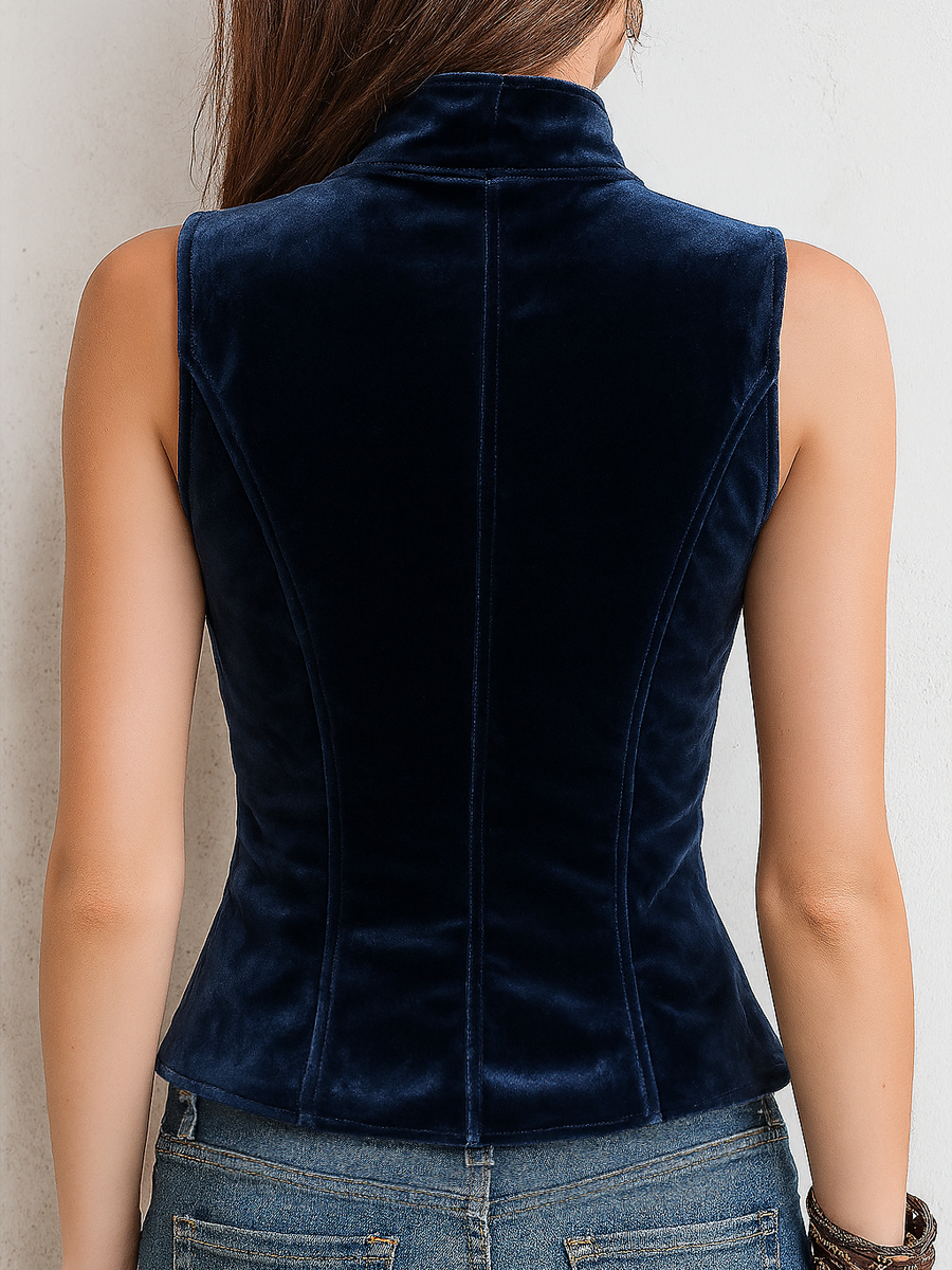 Retro Stand Collar Button Velvet Vest