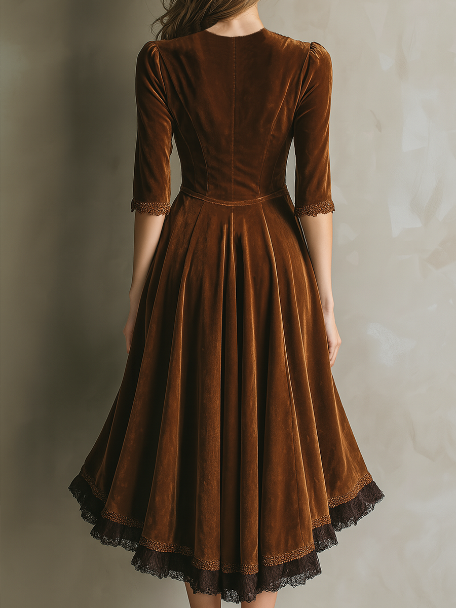 Retro Three-Quarter Sleeves Lace Velvet Midi-Length Dress
