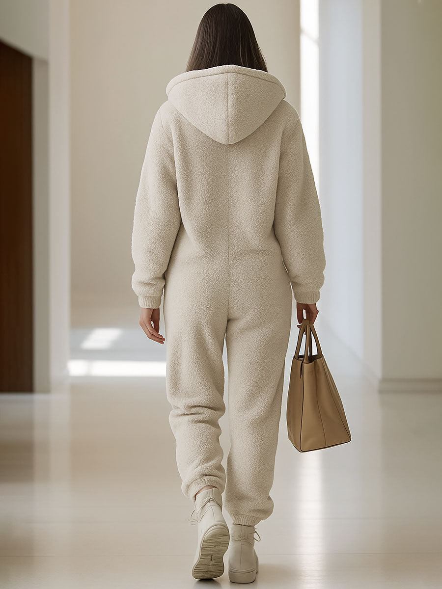 Relaxed Loose Retro Polar Fleece Pocket Zipper Hooded Jumpsuit
