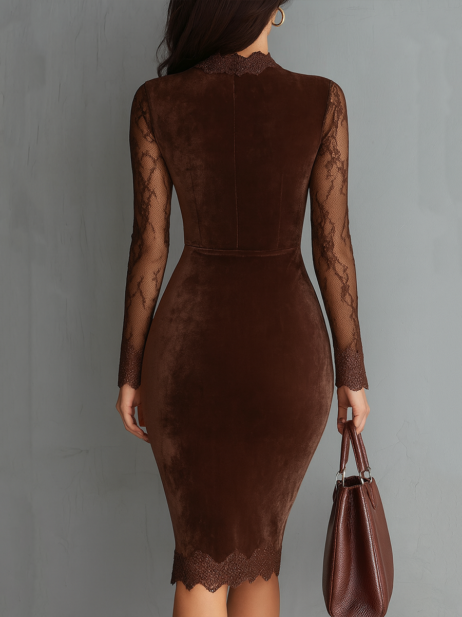 Retro Keyhole Neck Lace Sleeves Velvet Mini-Length Dress