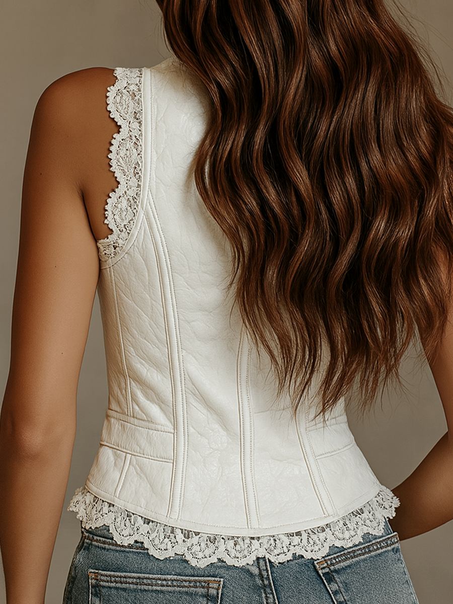 Retro Faux Leather Lace Vest