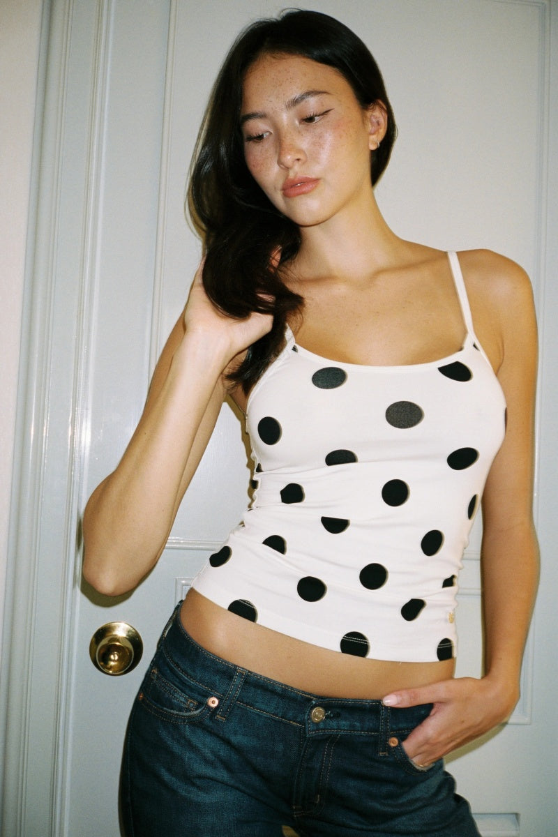 Modern Imnot Basic Super Soft Cami Top In White Polka Dot