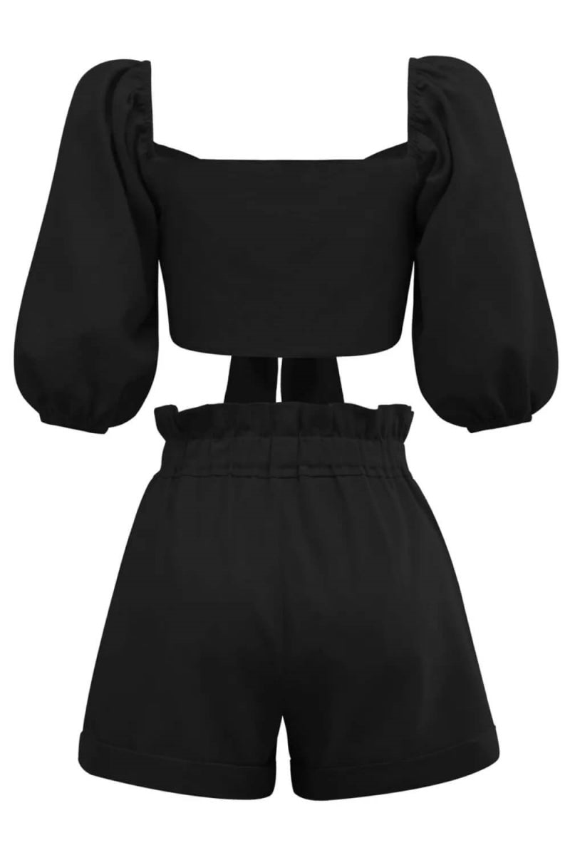 Modern Linen Wrap Front Tie Puff Sleeve Shorts Sets