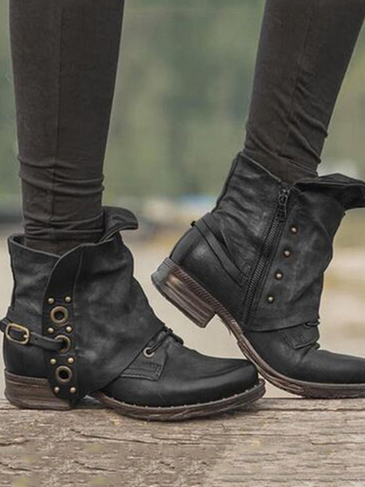 Retro Studded Patch Buckle Ankle Boots