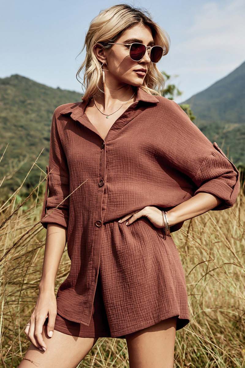 Fashion Relaxed Cotton Linen Suit Shirt Shorts