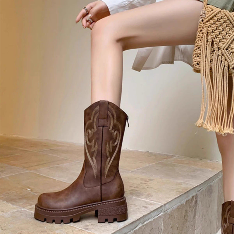 Modern Retro soft leather thick-soled versatile mid-calf boots star_border