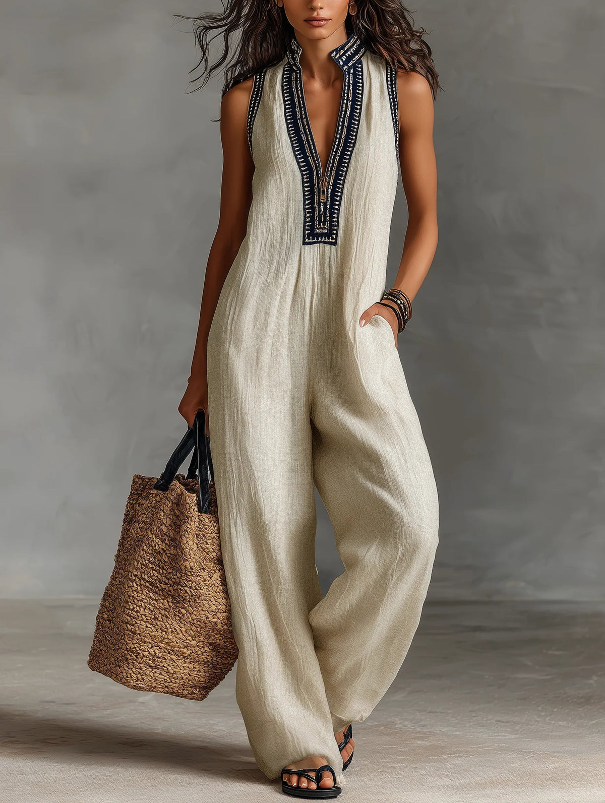 Modern Embroidered Linen Jumpsuit