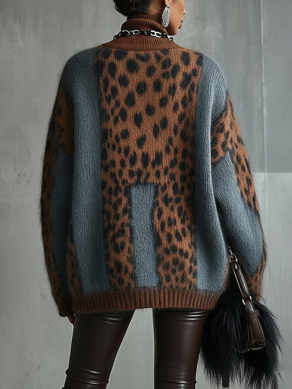 Leopard Print Turtleneck Knit Sweater