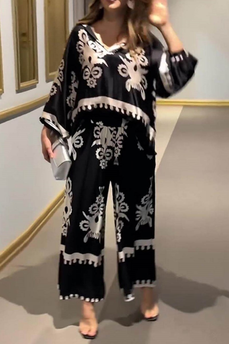 Distinctive Print Irregular Long Sleeve Top Long Trousers Set