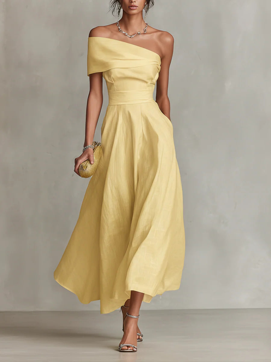 Yellow Linen One-Shoulder Maxi-Length Dress