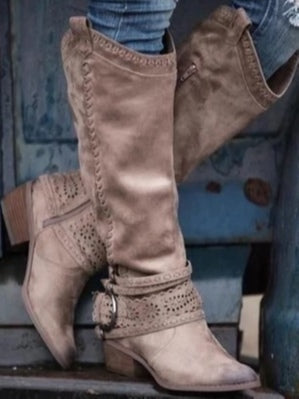 Retro high-top leather buckle-decorated knight boots