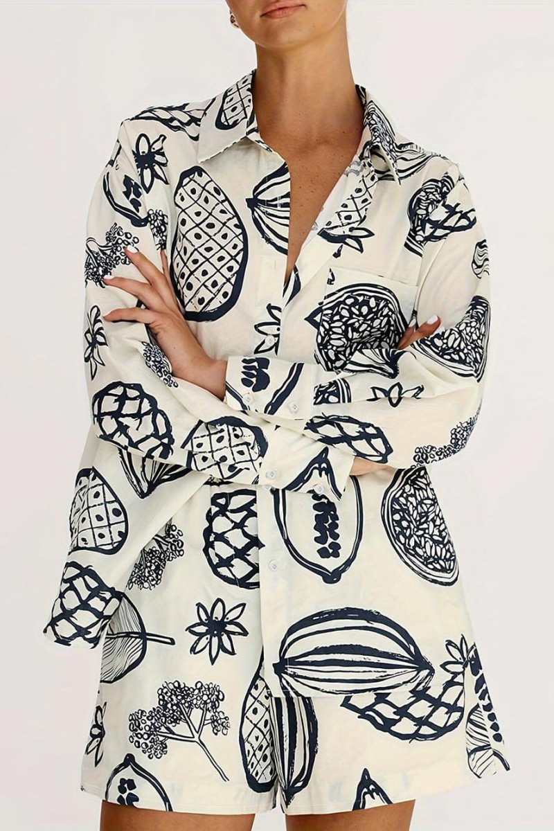 Coordinated Summer Fruit Print Loose Shirt Shorts Set
