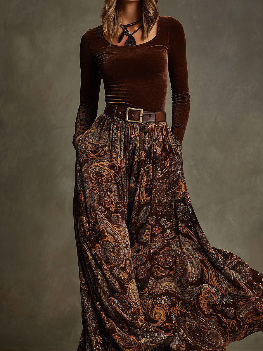Retro Stretch Velvet Top & Paisley Print Long Skirt Set With Belt