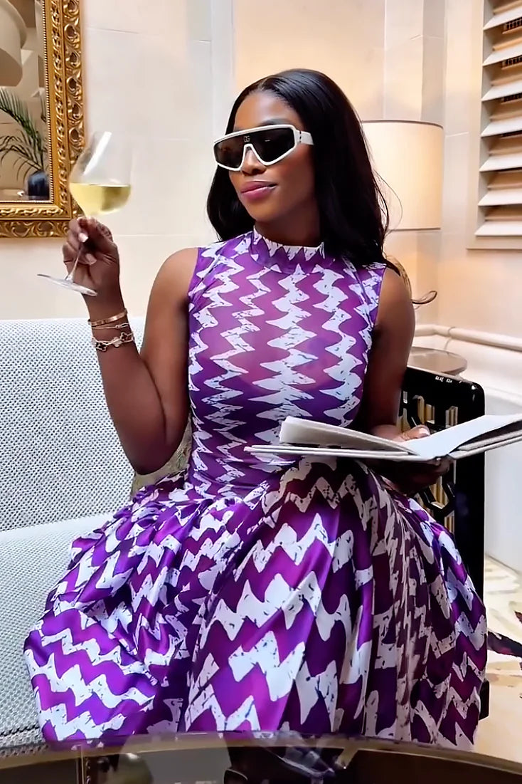 Purple Zigzag Print Maxi-Length Dress