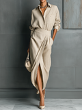 Coordinated Women's Beige Cotton Blend Shirt And Skirt Set