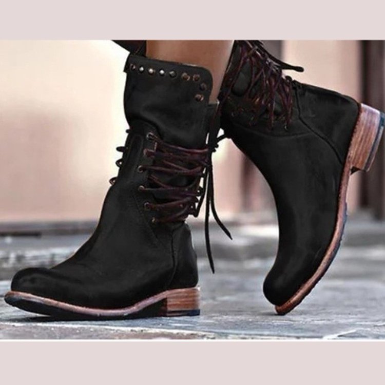 Modern Retro British style rivet lace-up mid-calf boots