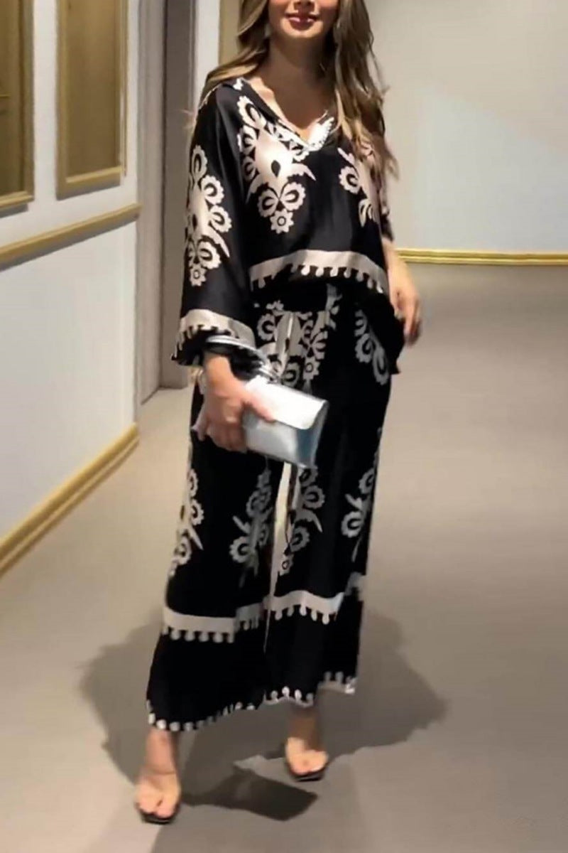 Distinctive Print Irregular Long Sleeve Top Long Trousers Set