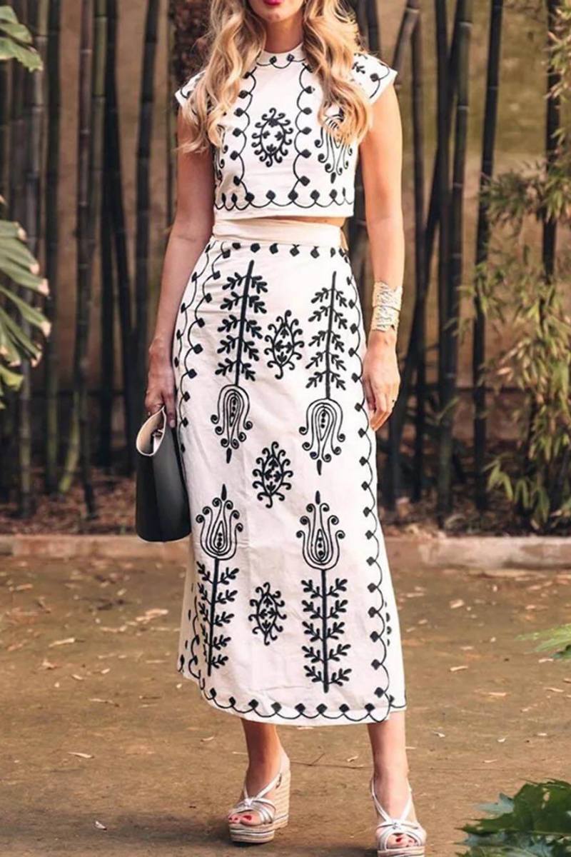 Coordinated Ethnic Print Crop Top & Tire-up Wrap Midi Skirts Set
