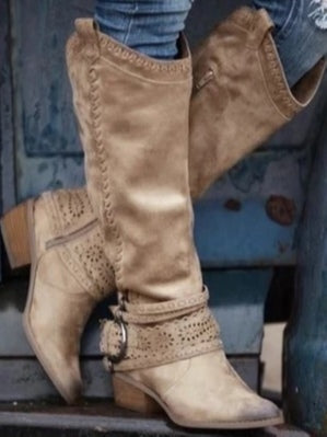 Retro high-top leather buckle-decorated knight boots