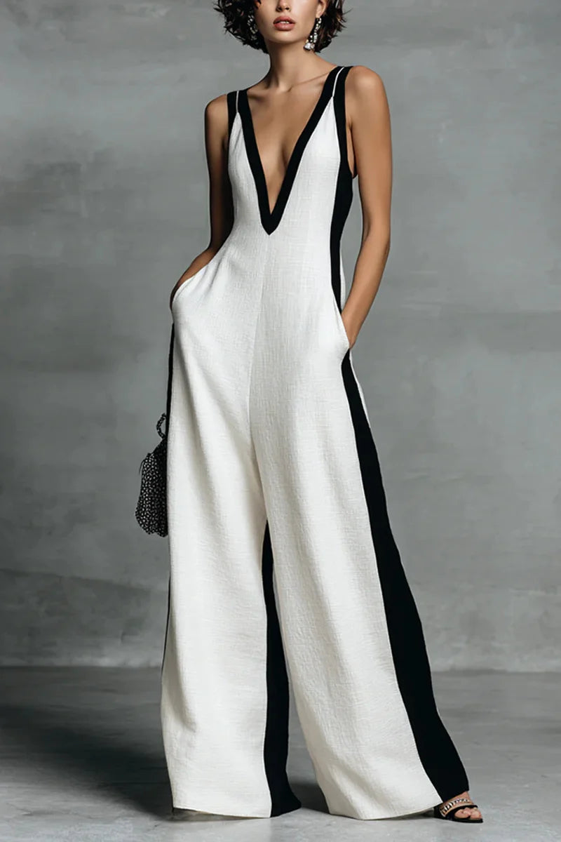 Modern Black & White Contrast Stripe Sleeveless Jumpsuit