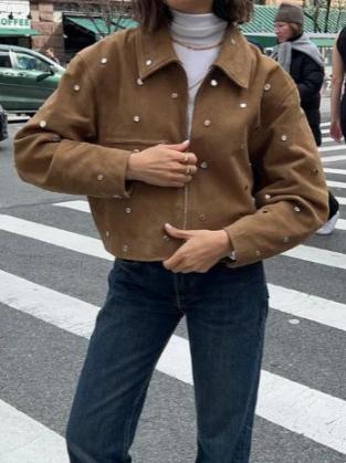 Suede Jacket with Studs, Lapel Collar and Long Sleeves