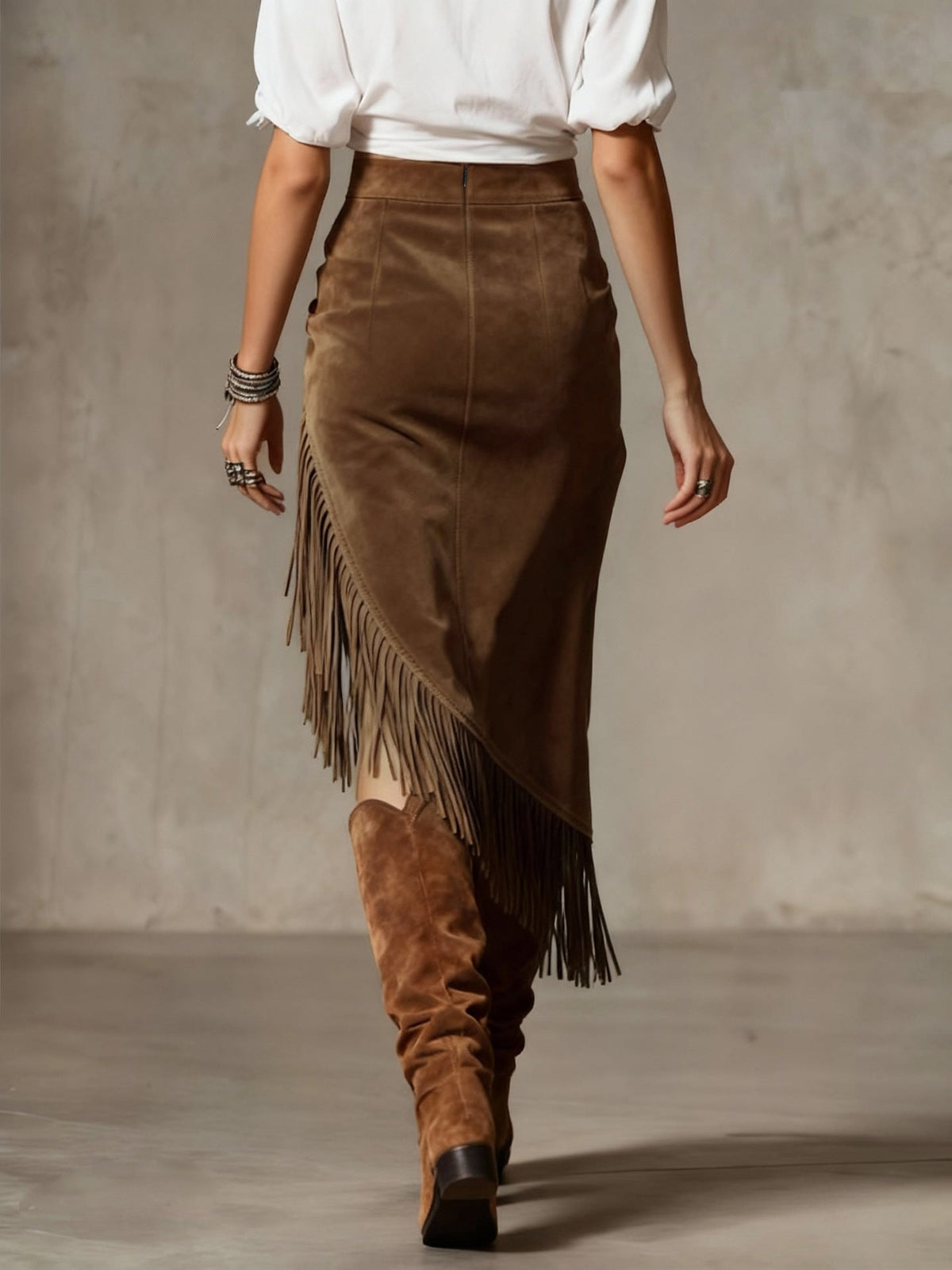 Modern Retro Western Style Irregular Design Fringed Suede Skirt