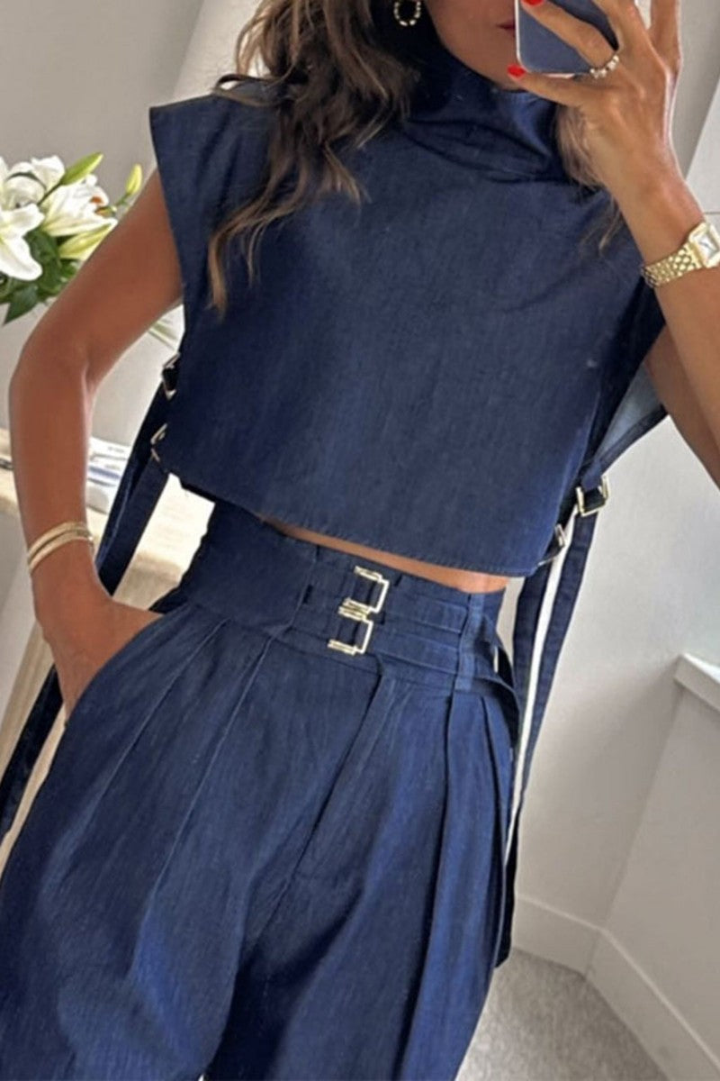 Cut Out Vest High-Neck Suit Trousers Set