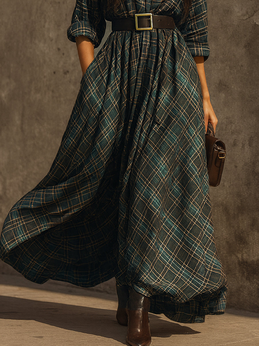 Retro Plaid Cotton-blend Single-breasted Maxi-Length Dress With Belt