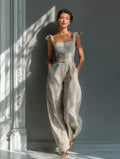 Modern Beige Stripe Linen-Blend Tie-Shoulder Wide-Leg Jumpsuit