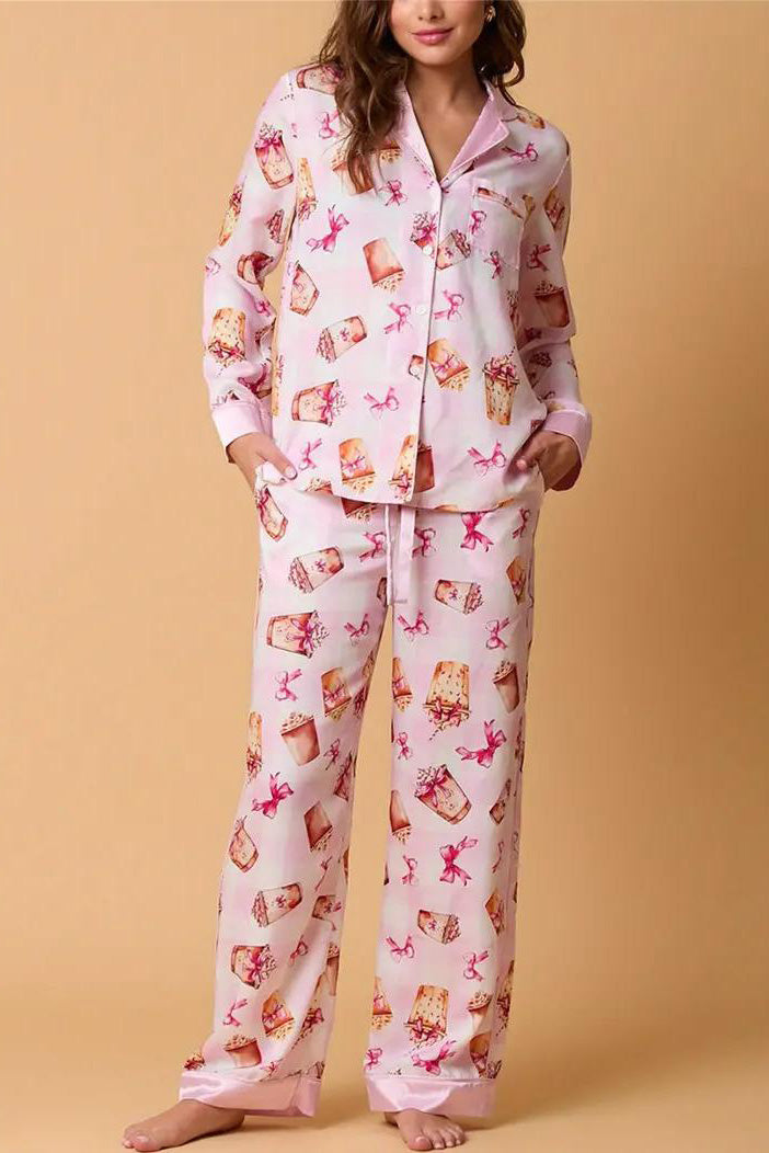 Coordinated Bowknot Milk Tea Print Pajama Set Long Sleeve Shirt