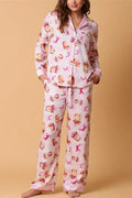 Coordinated Bowknot Milk Tea Print Pajama Set Long Sleeve Shirt