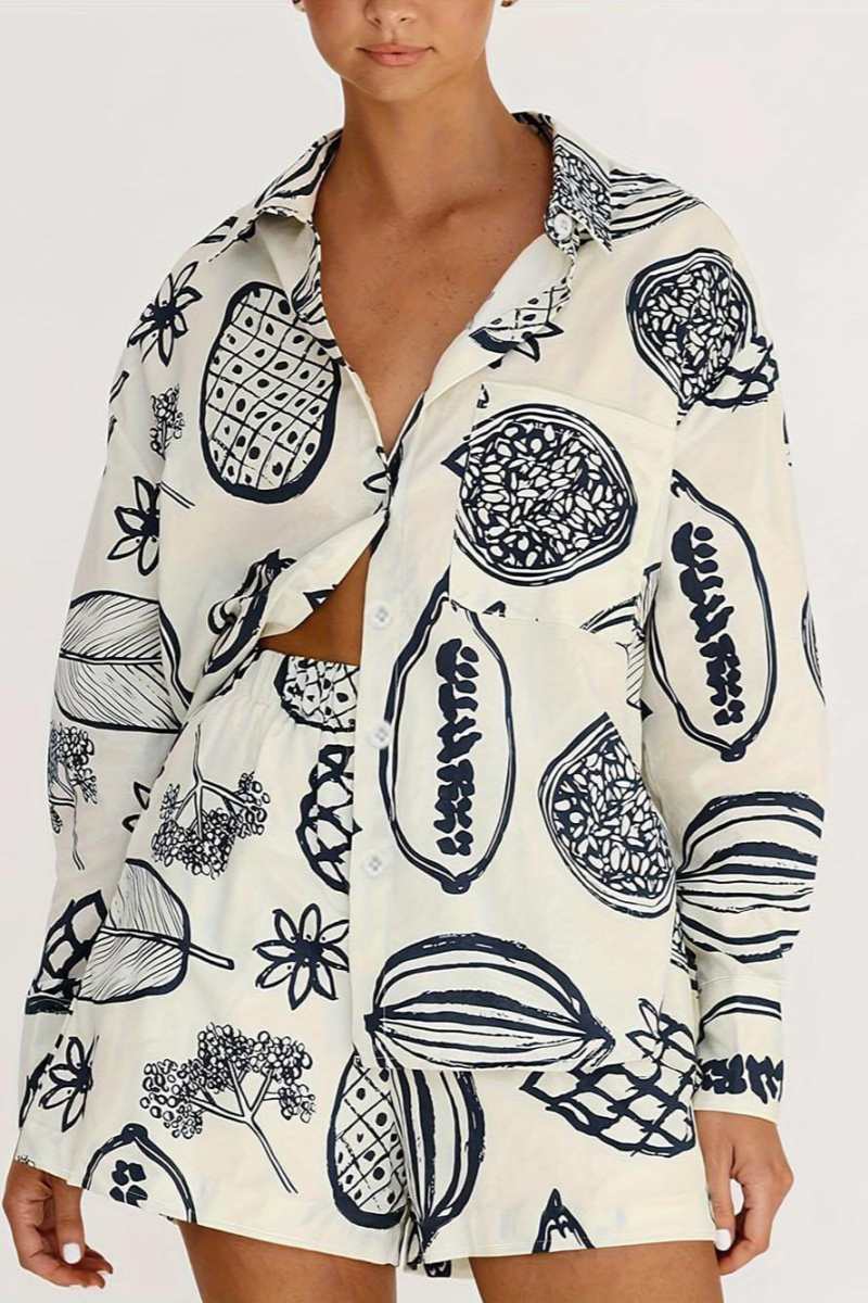 Coordinated Summer Fruit Print Loose Shirt Shorts Set