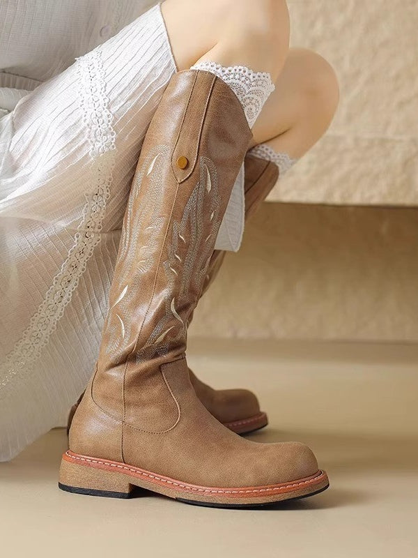 Modern Brown embroidered back zipper long boots