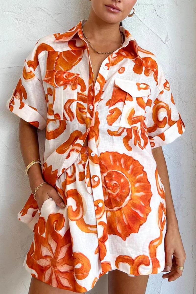 Distinctive Patterned Shorts Lapel Loose Shirt Set