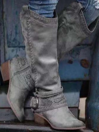 Retro high-top leather buckle-decorated knight boots