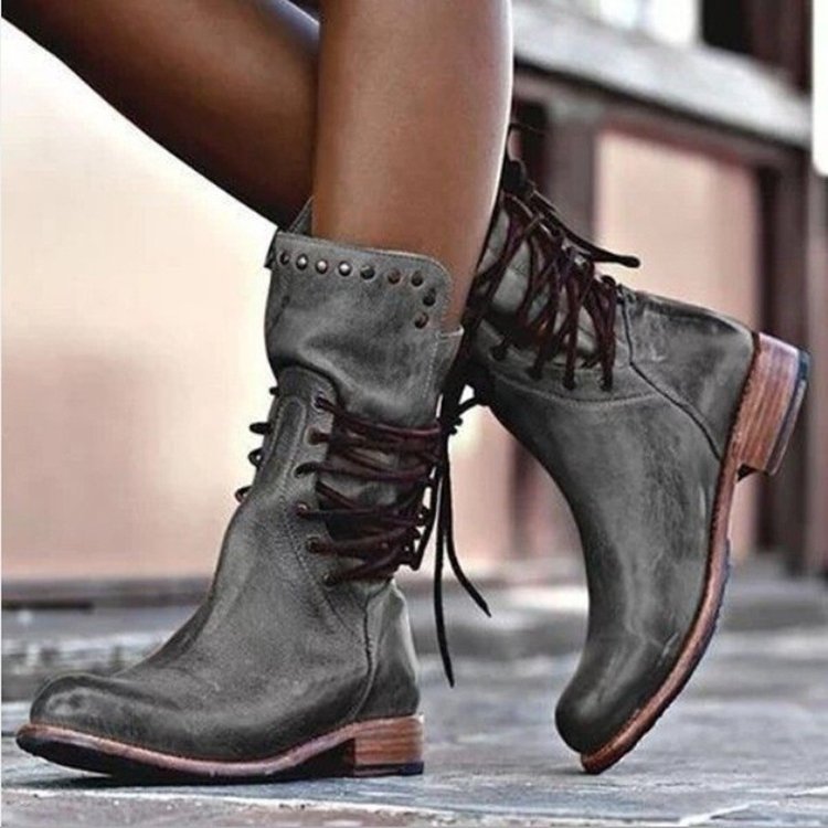 Modern Retro British style rivet lace-up mid-calf boots