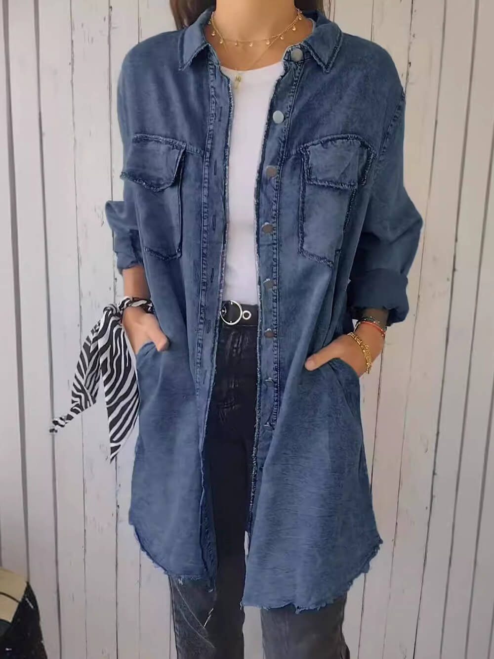 Denim Jacket in a Lightweight Design with Lapel Collar and Long Sleeves