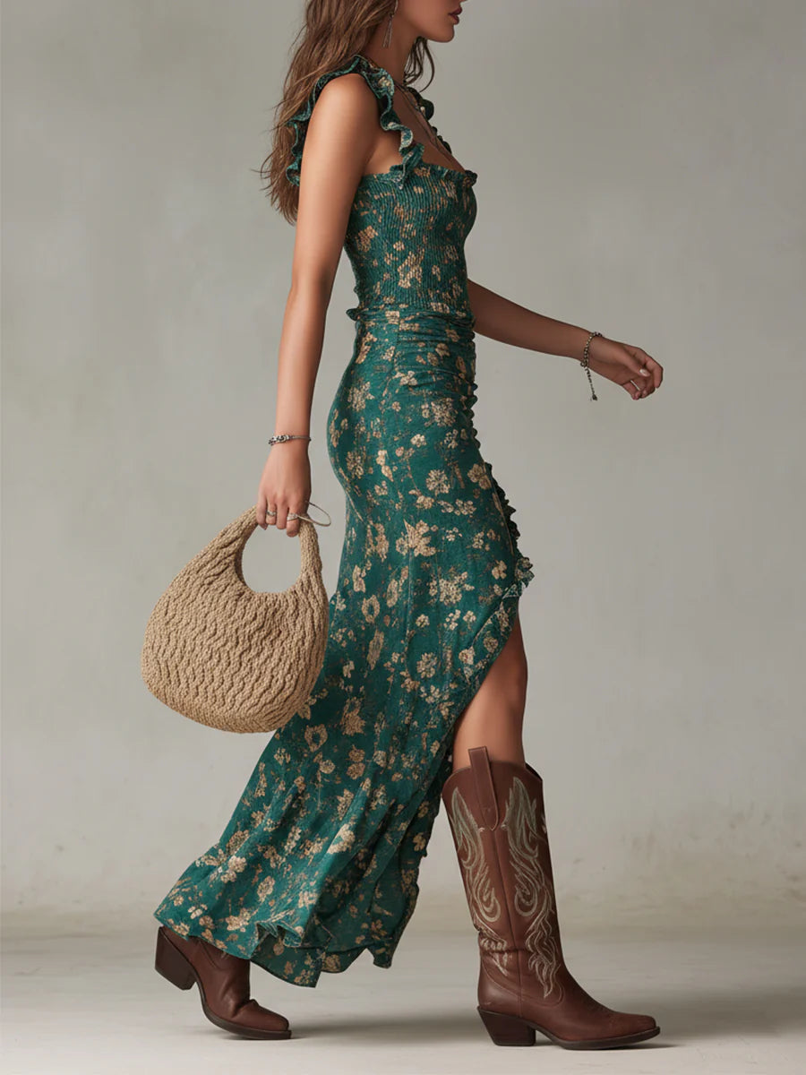 Boho Green Patterned Maxi-Length Dress with Ruffled Sleeves