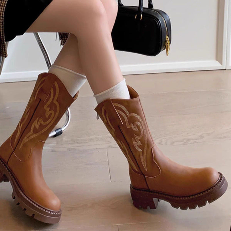 Modern Retro soft leather thick-soled versatile mid-calf boots star_border