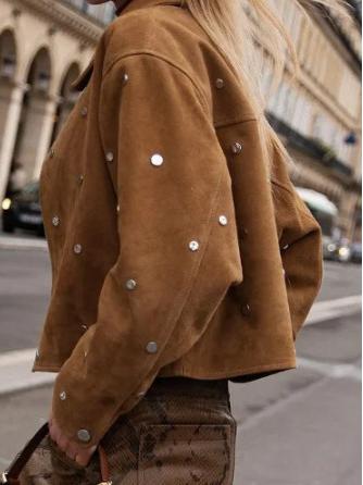 Suede Jacket with Studs, Lapel Collar and Long Sleeves