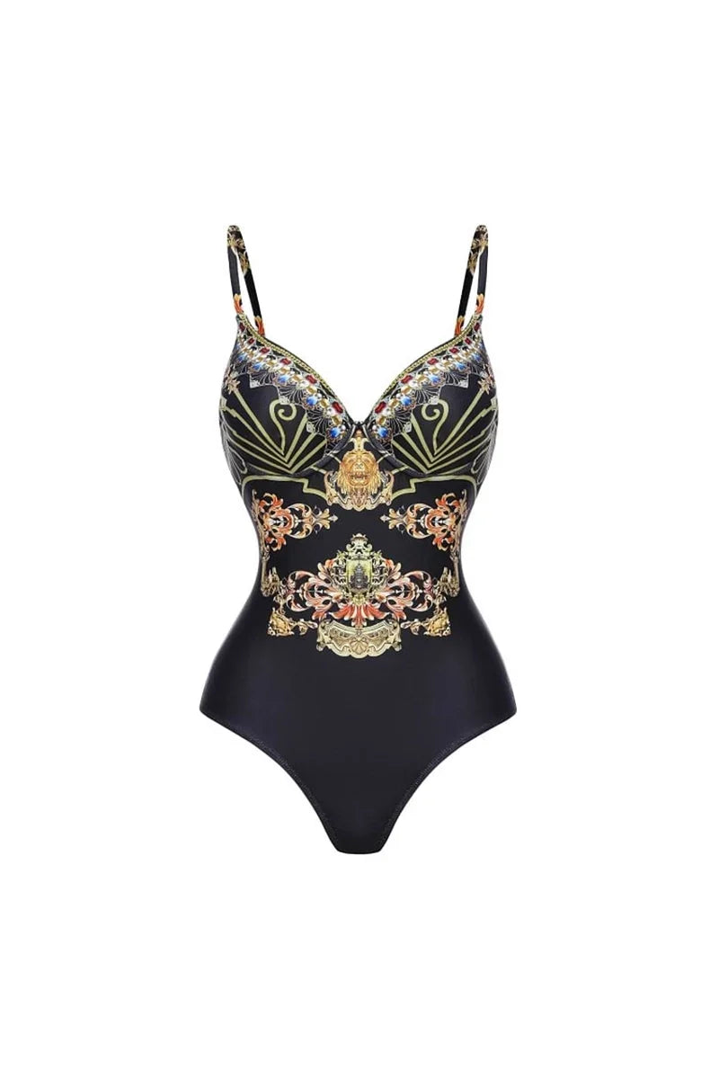 Modern Black Gold Print Strappy One Piece Swimsuit