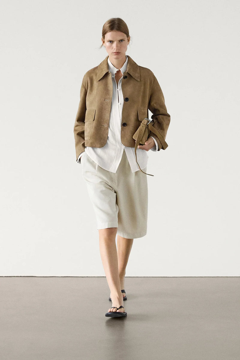 Suede Jacket with Button Closure and Pockets
