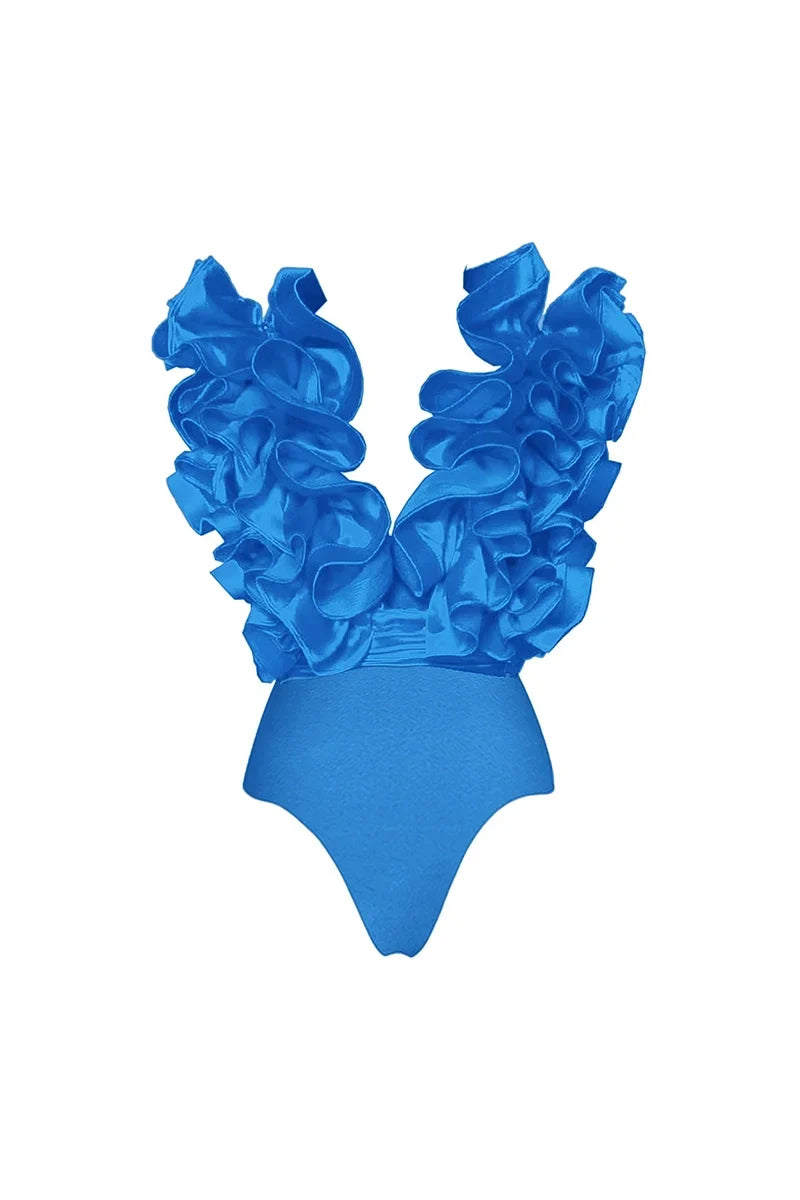 Modern Lace V-Neck Blue Swimsuit