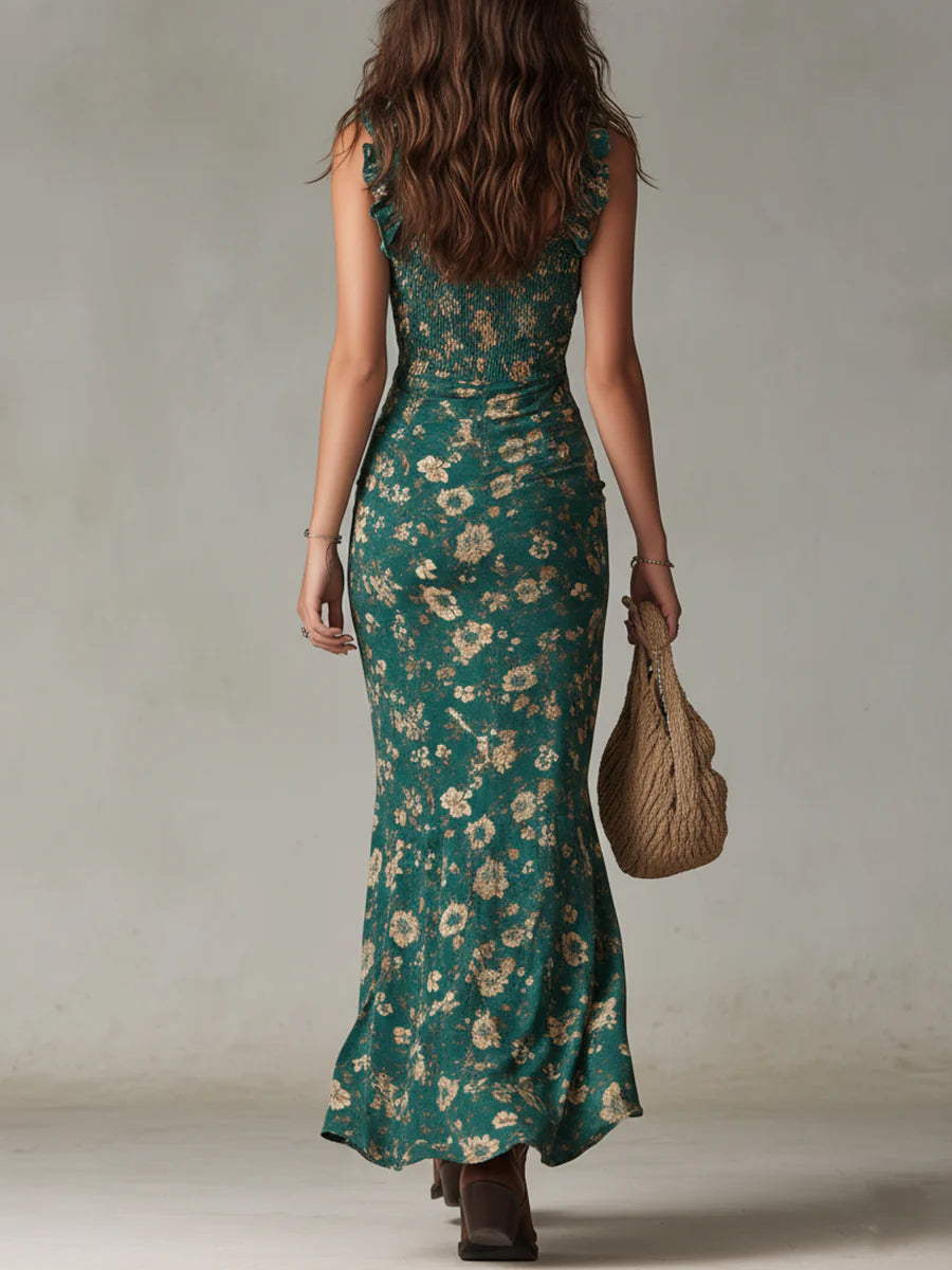 Boho Green Patterned Maxi-Length Dress with Ruffled Sleeves