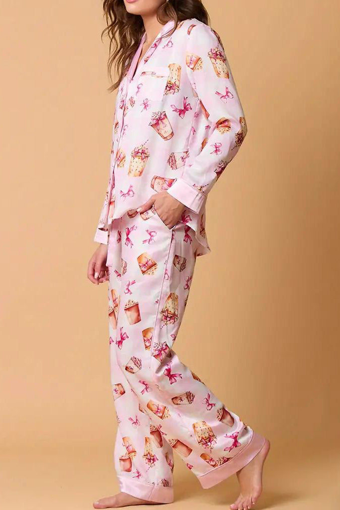 Coordinated Bowknot Milk Tea Print Pajama Set Long Sleeve Shirt