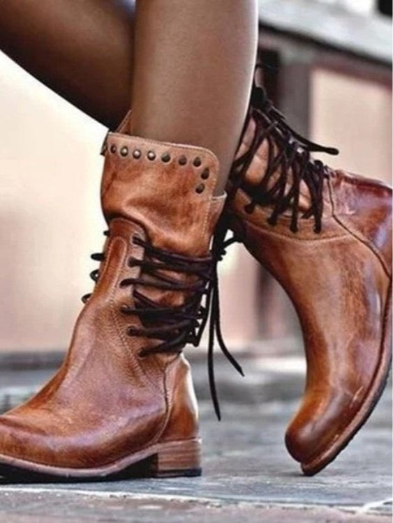 Modern Retro British style rivet lace-up mid-calf boots