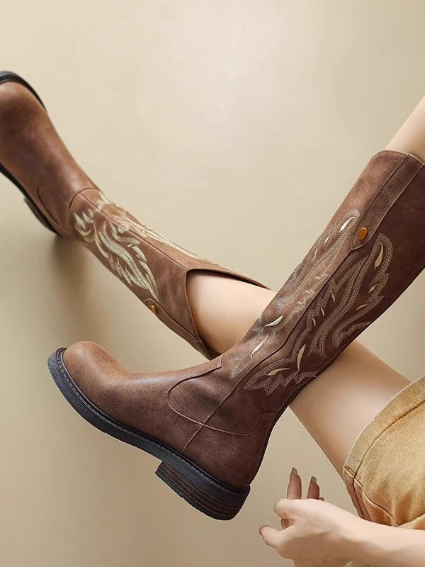 Modern Brown embroidered back zipper long boots