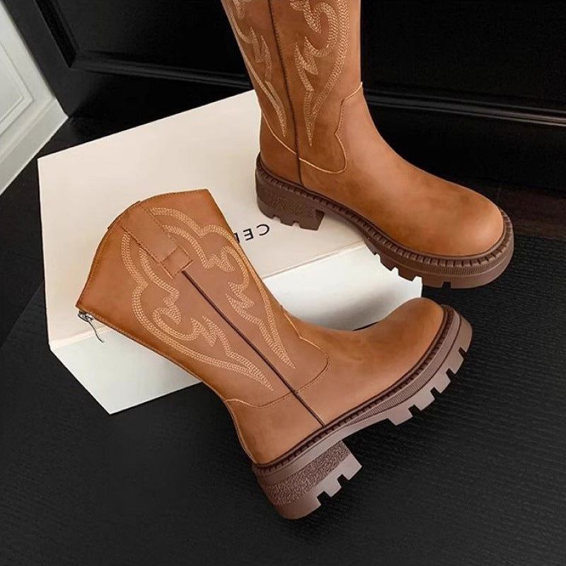 Modern Retro soft leather thick-soled versatile mid-calf boots star_border